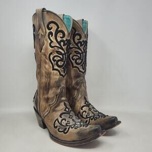 Corral Boots 7.5 Maya Brown Bronze Leather Cord Stitch Embroidered Western C3009
